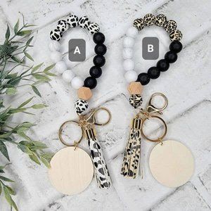 Cow / Cheetah Print Wristlet Beaded Keychain Wristlet Silicone Beaded